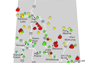 A map of wildfires burning in Alberta on May 26, 2015.