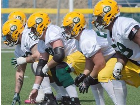 The offensive linemen at the Eskimos training camp at Fuhr Sports Park in Spruce Grove. June 4, 2015.