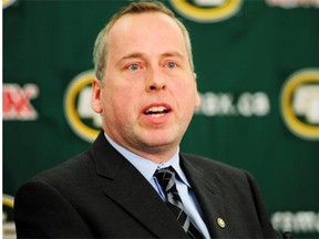 President and CEO Len Rhodes at the Edmonton Eskimos’ annual general meeting at Commonwealth Stadium on February 21, 2012.