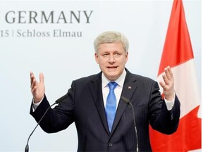 Prime Minister Stephen Harper gives his closing remarks at a news conference following the G7 Summit in Garmisch, Germany on June 8, 2015.