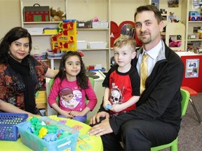 Qudsia Humayun (left) with her daughter Saniyah, 4, and Greg Rosychuk (right) with his son Adam, 3, at the Ellerslie Daycare & Out of School Care facility located at 6550 Ellerslie Rd. in southeast Edmonton. Both children attend the daycare.