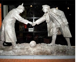 A sculpture on display outside Britannia Stadium by artist Andy Edwards commemorates the 100th anniversary of the 1914 Christmas truce during the World War One when rival British and German troops stopped fighting, left the trenches and are said to have played football instead.