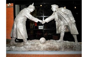 A sculpture on display outside Britannia Stadium by artist Andy Edwards commemorates the 100th anniversary of the 1914 Christmas truce during the World War One when rival British and German troops stopped fighting, left the trenches and are said to have played football instead.
