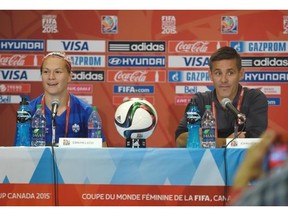 Team Canada’s Erin McLeod and head coach John Herdman talk to media at Commonwealth Stadium on Friday, June 5, 2015. When it comes to the overall number of coaches, referees and leaders within Alberta soccer, women are still woefully under-represented.
