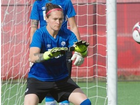 Team Canada goalkeeper Erin McLeod makes a save during Tuesday’s Women’s World Cup practice at Clarke Field.