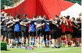 Team Canada has a group huddle before its final practice before the Women’s World Cup soccer tournament starts Saturday at Commonwealth Stadium.