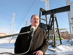 In this Feb. 6, 2008 file photo, then-leader of the NDP Brian Mason holds a news conference on oil royalties at the Canadian Petroleum Interpretive Centre/Leduc No. 1 site. Now that the NDP have formed the government in Alberta, they’ll have to walk a fine line between firm and fair on the energy file, the Journal says in an editorial.