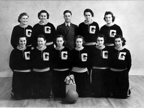 In this group photo of the McDougall Commercial Gradettes, Lavina Darling is in the front row, second from the left.