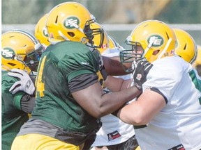 The trenches, where the defensive and offensive linemen compete, is a physical battle every day during Edmonton Eskimos training camp at Fuhr Sports Park in Spruce Grove.