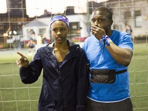 Simi and Ope take in the blindfolded soccer task. Photo courtesy of CTV.