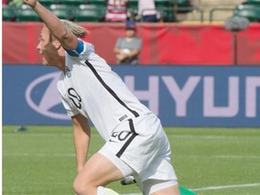 Abby Wambach of the United States thinks she has scored, but the goal is disallowed after a collision with Colombia goalkeeper Catalina Perez during Monday’s Women’s World Cup Round of 16 knockout game at Commonwealth Stadium.