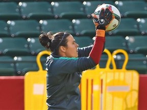 Australia’s No. 1 goalkeeper Lydia Williams practises with her team in preparation for their match against Sweden, at Commonwealth Stadium in Edmonton, June 15, 2015.