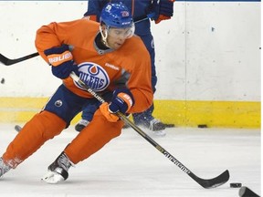 Defenceman Darnell Nurse executes a drill at high speed during the Edmonton Oilers’ orientation camp at Rexall Place on Thursday.