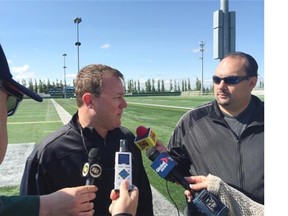 Edmonton Eskimos head coach Chris Jones speaks with the media on June 21, 2015, after the Canadian Football League team’s final roster was announced.