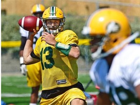 Edmonton Eskimos quarterback Mike Reilly throws a pass during Wednesday’s practice at Fuhr Sports Park in Spruce Grove.