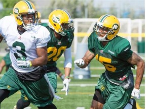 Edmonton Eskimos wide receiver Wallace Miles (3) is covered by defensive back Deion Belue during a training camp practice at Fuhr Sports Park in Spruce Grove on June 3, 2015.
