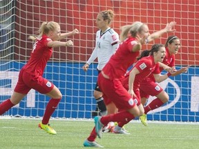 Fara Williams (far right) of England scored the only goal against Germany in the Bronze medal match in the FIFA Womens World Cup at Commonwealth Stadium in Edmonton.