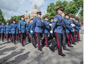 The funeral procession of Const. Daniel Woodall began at the Alberta Legislature and walked east on Jasper Avenue to the Shaw Conference Centre.