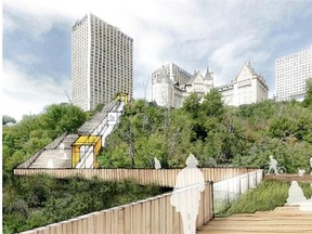 A grand staircase and funicular are planned to finally link Edmonton’s downtown at 100th Street to river valley trails. But architect David Hamilton argues there should be a single elevator at two locations to also allow access to the new Rossdale Waterfront Plaza and Louise McKinney Park.