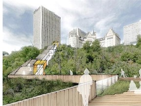 A grand staircase and funicular are planned to link downtown directly to river valley trails.