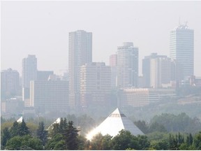 A hazy view of the Edmonton skyline caused by smoke from wildfires in Alberta on July 11, 2015. A shift in the winds will bring relief on Monday.