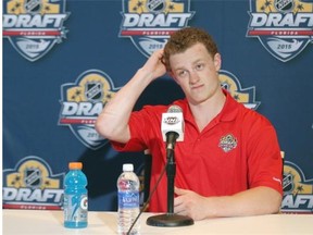 Jack Eichel answers questions at an NHL top prospects media opportunity at the Westin Fort Lauderdale Beach Resort in Fort Lauderdale, Fla., on Thursday.