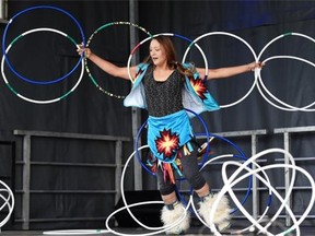 JHoop dancer Kelsey Wolver from Sucker Creek, Alta. performs on stage at Aboriginal Day Live in Louise McKinney Park in Edmonton on June 20, 2015.