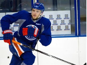 Leon Draisaitl works out at the Oilers on-ice session during their 2015 orientation camp for young prospects within the Oilers organization.