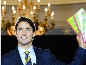 Liberal Leader Justin Trudeau holds up a party brochure at an announcement on fair and open government in Ottawa on Tuesday, June 16, 2015. One major component is electoral reform.