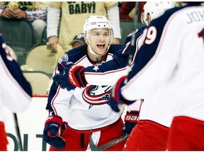 Mark Letestu, #55, celebrates a goal with the Columbus Blue Jackets. The Oilers signed Letestu on Wednesday.