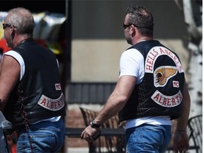 A couple of Hells Angels wear their patches on the south side in Edmonton on Thursday July 9, 2015.