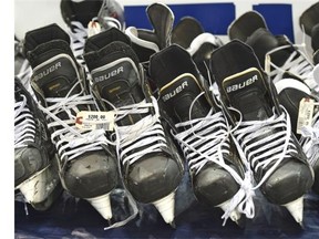 Oilers and Oil Kings used skate on sale at the annual Oilers Locker Room Sale, collectibles, new & used equipment, autographs and more on sale at Rexall Place in Edmonton, June 27, 2015.