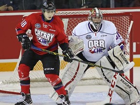 Jake DeBrusk #18 of Team Cherry waits to tip a shot in front of Liam Herbst #30 of Team Orr in the 2015 BMO CHL/NHL Top Prospects game at the Meridian Centre on January 22, 2015 in St. Catherines, Ontario, Canada.