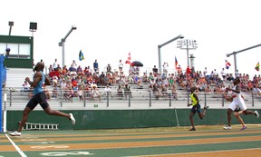 EDMONTON, ALTA: JULY 12, 2015 -- Lashawn Merrit  of the U.S., easily wins the men's 400 metres in 44.36 seconds  at the TrackTown Classic at Foote Field in Edmonton on July 12, 2015.