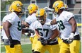 Rookie offensive lineman David Beard works on a drill during the Edmonton Eskimos training camp at Fuhr Sports Park in Spruce Grove on June 4, 2015.