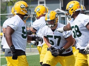 Rookie offensive lineman David Beard works on a drill during the Edmonton Eskimos training camp at Fuhr Sports Park in Spruce Grove on June 4, 2015.