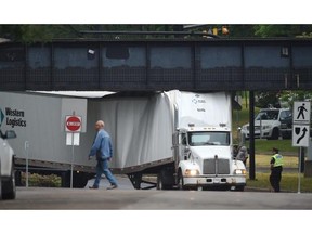 A semi truck was stuck under the High Level Bridge Tuesday morning.