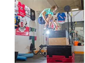Sherwood Park’s Brendan Guhle performs a 50-inch static box jump as part of his training. The Buffalo Sabres drafted Guhle with the 51st pick in the 2015 NHL entry draft.