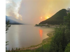 A smoky sunset on the Maligne Lake road in Jasper National Park on July 10, 2015