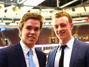 Upcoming NHL first-round draft picks Connor McDavid, left, and Jack Eichel take part in a  media availability at the United Center in Chicago on June 8, 2015. Hockey insiders say they both have the potential to be a “generational” player.