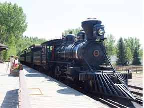 Vintage locomotive halted in Fort Edmonton Park.