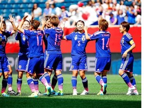 Yuki Ogimi, 17, of Japan celebrates her goal against Ecuador with teammates during the FIFA Women’s World Cup. UNICEF Canada is using the tournament as a backdrop opportunity to to promote health initiatives aimed at mothers.