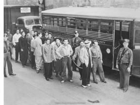 Zoot-suit wearing youths heading to court on charges stemming from the Zoot Suit Riots where they fought with American sailors on Los Angeles in 1943. Similarly dressed Edmonton youths clashed with Canadian servicemen on Jasper Avenue in June 1951.