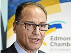 Alberta Finance Minister Joe Ceci speaks Monday after meeting with business people at the Edmonton Chamber of Commerce’s World Trade Centre in Edmonton.