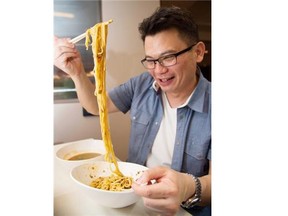 Arden Tse of Prairie Noodle demonstrates how to eat ramen noodles — with abandon.