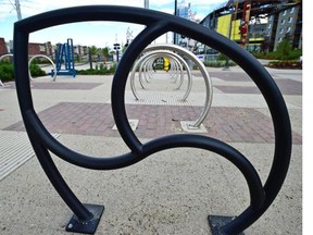 A black leaf is one of three new public art has been installed at the MacEwan LRT station that is incorporated into the bike racks in Edmonton, July 28, 2015.