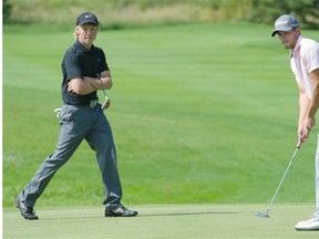 Camrose’s Andrew Harrison, left, finished three strokes back of Brett Hogan of Calgary in the Alberta men’s amateur golf championship that wrapped up Thursday at the Edmonton Petroleum Golf & Country Club.