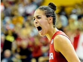 Canada forward Kia Nurse reacts against the United States during second half gold medal action at the Pan American Games in Toronto on Monday, July 20, 2015. Canada won gold.