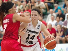 Canada’s Katherine Plouffe gets past Angelica Bermudez of Puerto Rico during a FIBA Americas Women’s Championship basketball game at the Saville Community Sports Centre on Aug. 9, 2015.
