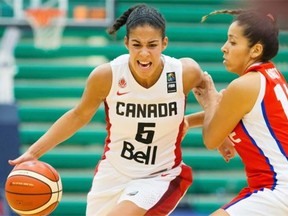 Canada’s Kia Nurse drives past Chile’s Angela Angotzi during a FIBA Americas Women’s Championship basketball game at the Saville Community Sports Centre on Monday.